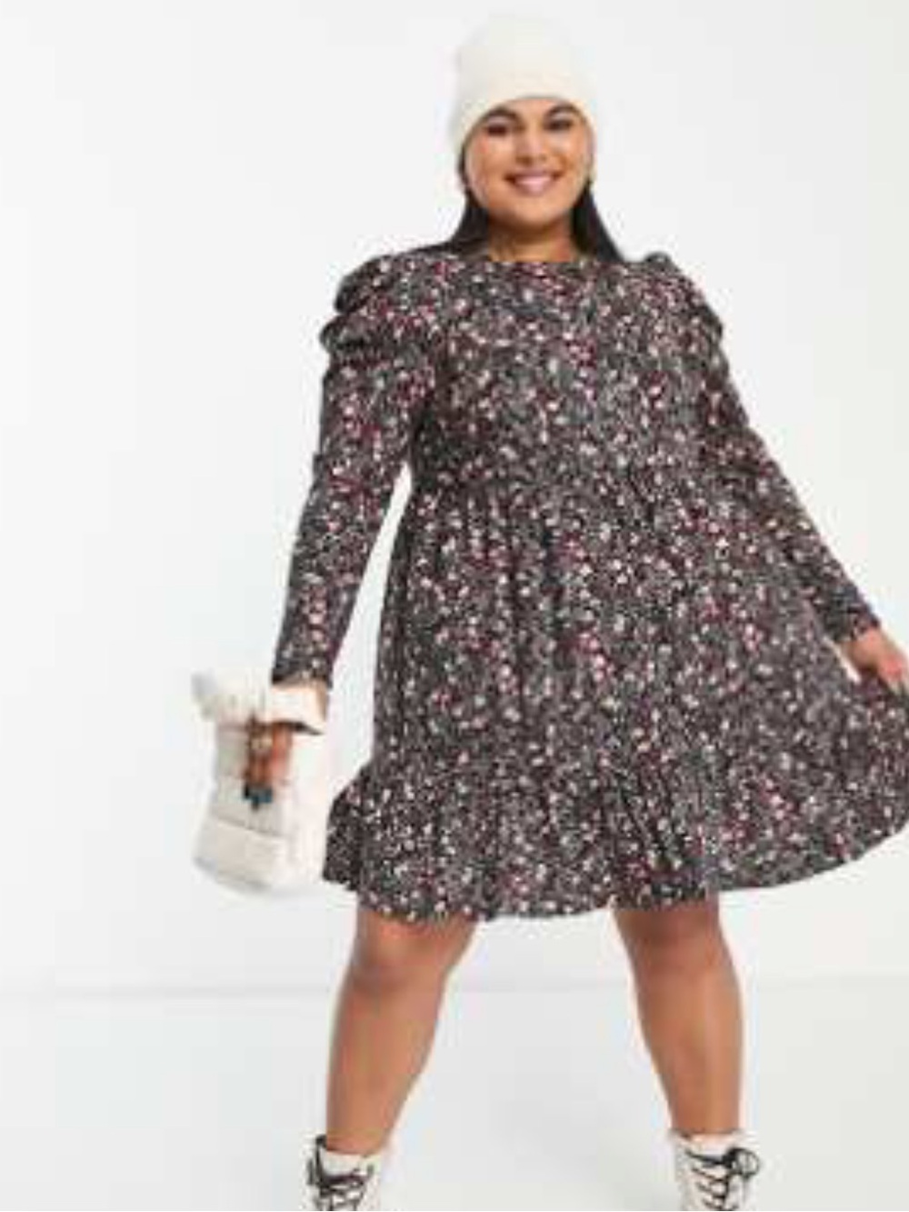 Simply Be Floral Paisley Tiered Long Sleeve Dress - Black with Pink & Cream 18